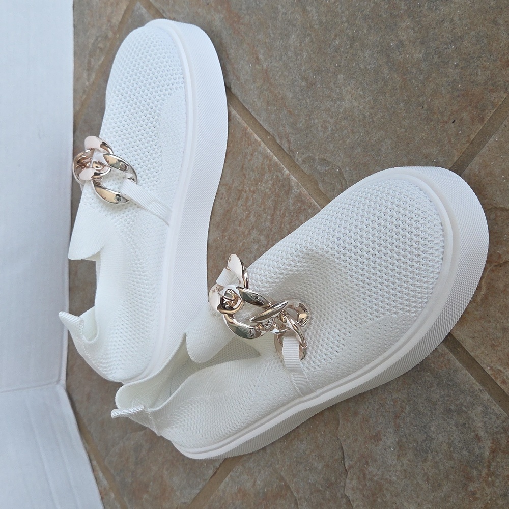 White Mesh Slip-On Sneakers Silvertone Chain Detail Chunky Wedge NWOT Sz 10 - Picture 11 of 17
